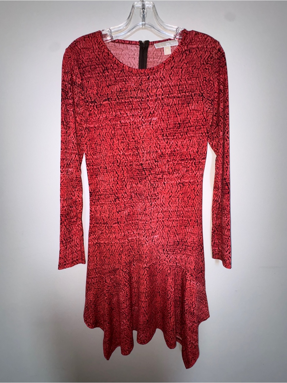 Michael Kors Red Black Textured Long Sleeve Dress XS Asymmetrical Hem